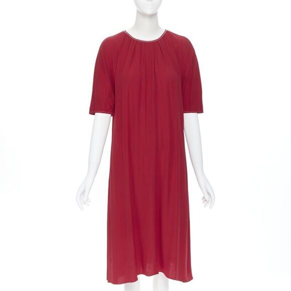 MARNI 2019 red viscose crepe white overstitched pleated casual dress IT38